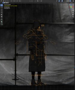 A character in a suit is rendered in 3D software, emphasizing the details of the outfit.