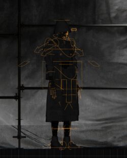 Een personage in een pak wordt weergegeven in 3D-software, waarbij de details van de outfit worden benadrukt.