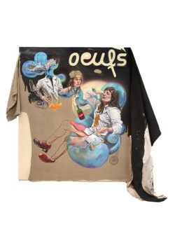 A painting by Kati Heck in which she has depicted herself three times together with a magician. The canvas expands beyond the edges of the frame and is draped on the floor.
