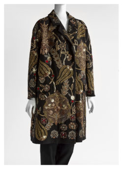 Black jacket featuring vines with pomegranate motifs in golden embroidery, with golden thread, cannetille, appliqué laces and sequin embroidery