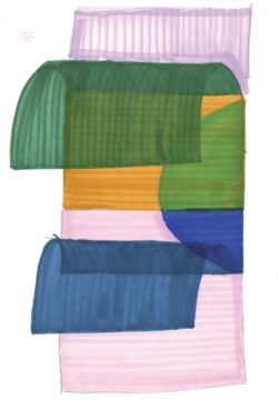 Een schilderij van een kunstwerk in lila, groen en blauw.
