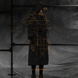 Een personage in een pak wordt weergegeven in 3D-software, waarbij de details van de outfit worden benadrukt.