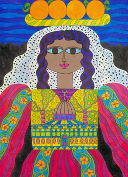 A colorful illustration of a woman with flowing purple hair and a polka-dotted white veil. She's adorned in a vibrant dress featuring yellow, blue, and red patterns with flower motifs.