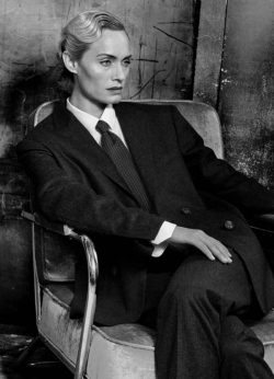 Amber Valletta wearing a suit, photographed by Craig McDean for Interview Magazine, July 2014