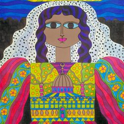 Een kleurrijke illustratie van een vrouw met golvend paars haar en een wit sluier met stippen. Ze draagt een levendige jurk met gele, blauwe en rode patronen en bloemmotieven.