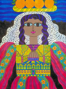 A colorful illustration of a woman with flowing purple hair and a polka-dotted white veil. She's adorned in a vibrant dress featuring yellow, blue, and red patterns with flower motifs.
