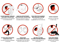Poster showing MoMu Library house rules in Dutch and English, with icons. Rules include silence, appointments, no food or drinks, and careful handling of the study collection.
