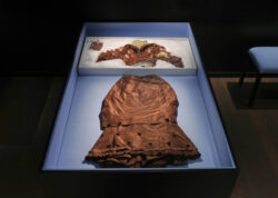 1880-1900 brown dress displayed in a blue-lit glass case.