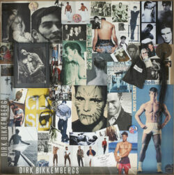 A colorful collage features a mix of black and white and color images of male models, art, and fashion elements. Prominent text reads &quot;Dirk Bikkembergs.&quot;