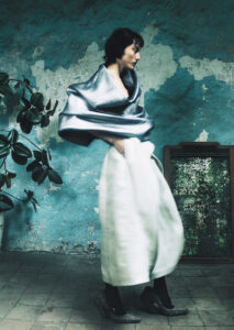 A model poses in clothing designed by Floran Polano