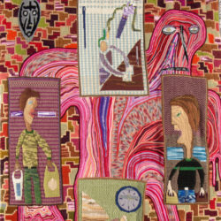 A colourful hand-embroidered and crocheted tapestry by Klaas Rommelaere depicts a clock next to a few human figures carrying shopping bags. They are looked at by an angry-looking flesh-coloured monster from the background.