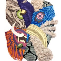 In this hand-knotted carpet different cultures and animals are merged into one mask. The tapestry plays with different textures and was made in once piece after which it was cut out in an expressive shape.