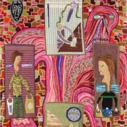 A colourful hand-embroidered and crocheted tapestry by Klaas Rommelaere depicts a clock next to a few human figures carrying shopping bags. They are looked at by an angry-looking flesh-coloured monster from the background.